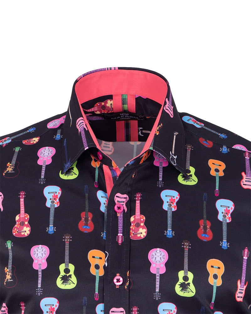 Black Vintage Guitar Print Men's Shirt-Makrom