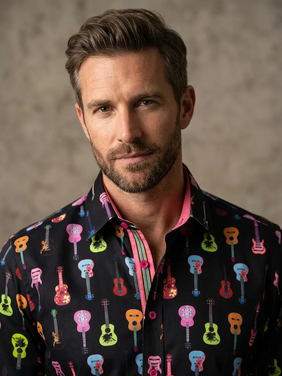 Black Vintage Guitar Print Men's Shirt