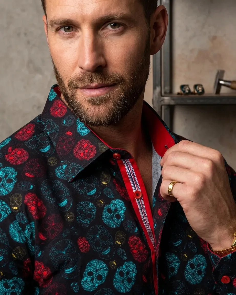 Black Skull Print Shirt with Matching Handkerchief