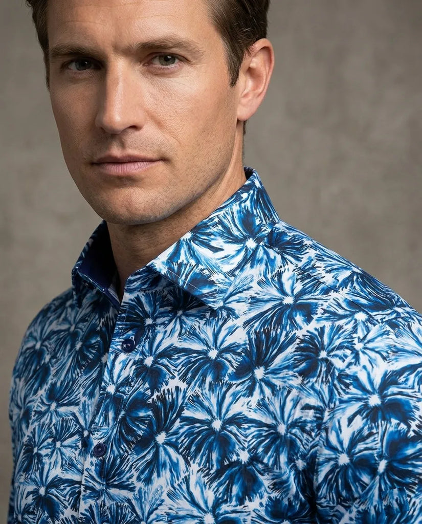 Blossoming Neon Blue Print Cotton Shirts For Men