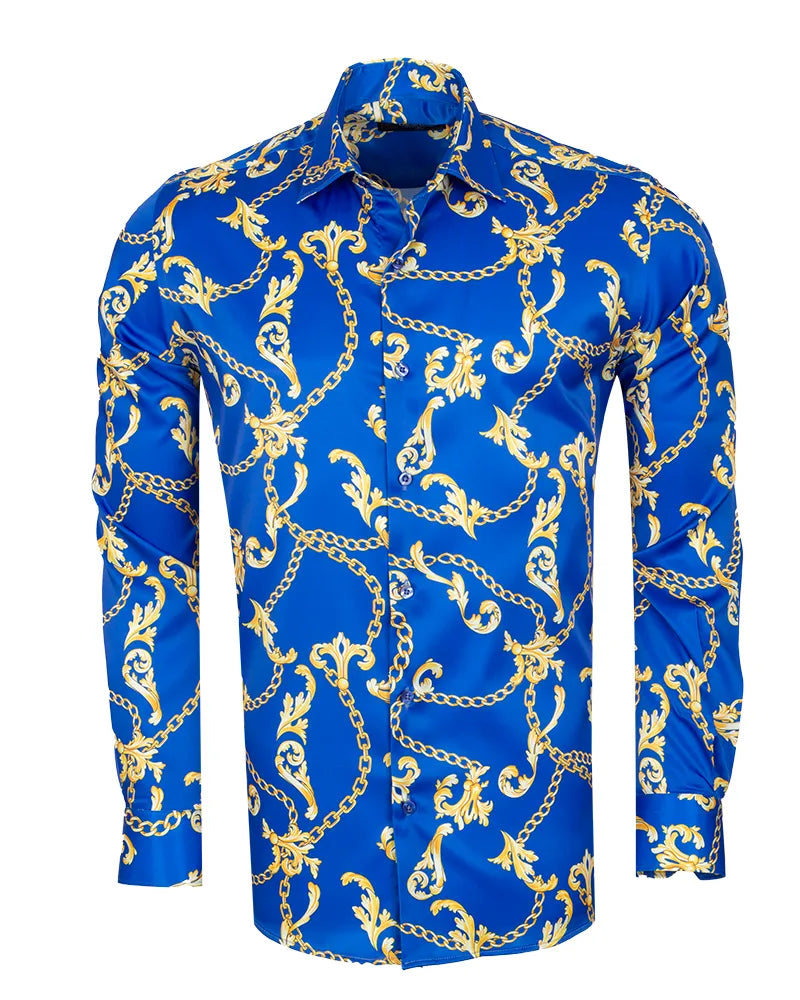 Blue Baroque Chain & Paisley Print Men`s Shirt-Makrom