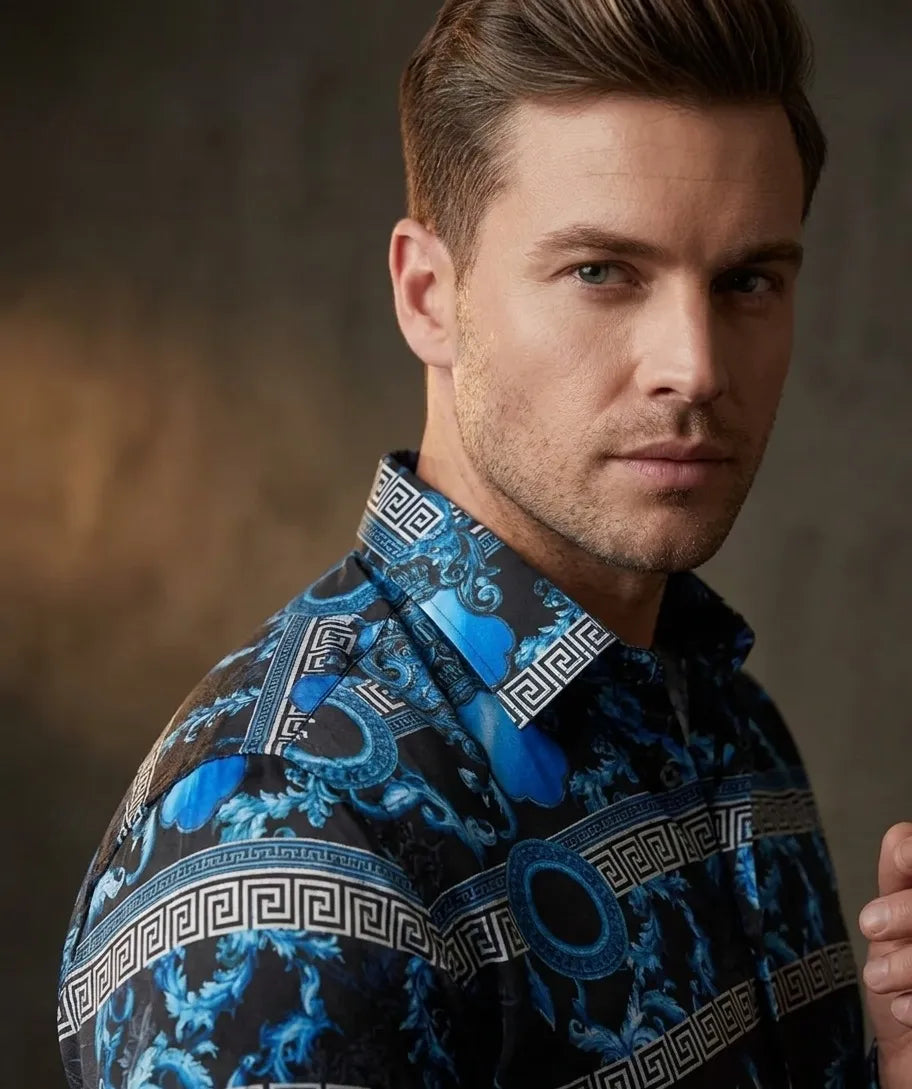 Blue Baroque Roman Ornament Paisley Print Men`s Shirt