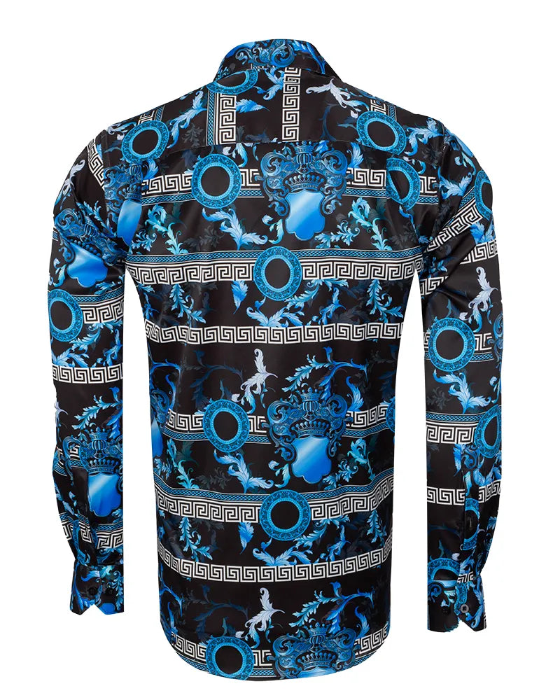 Blue Baroque Roman Ornament Paisley Print Men`s Shirt-Makrom