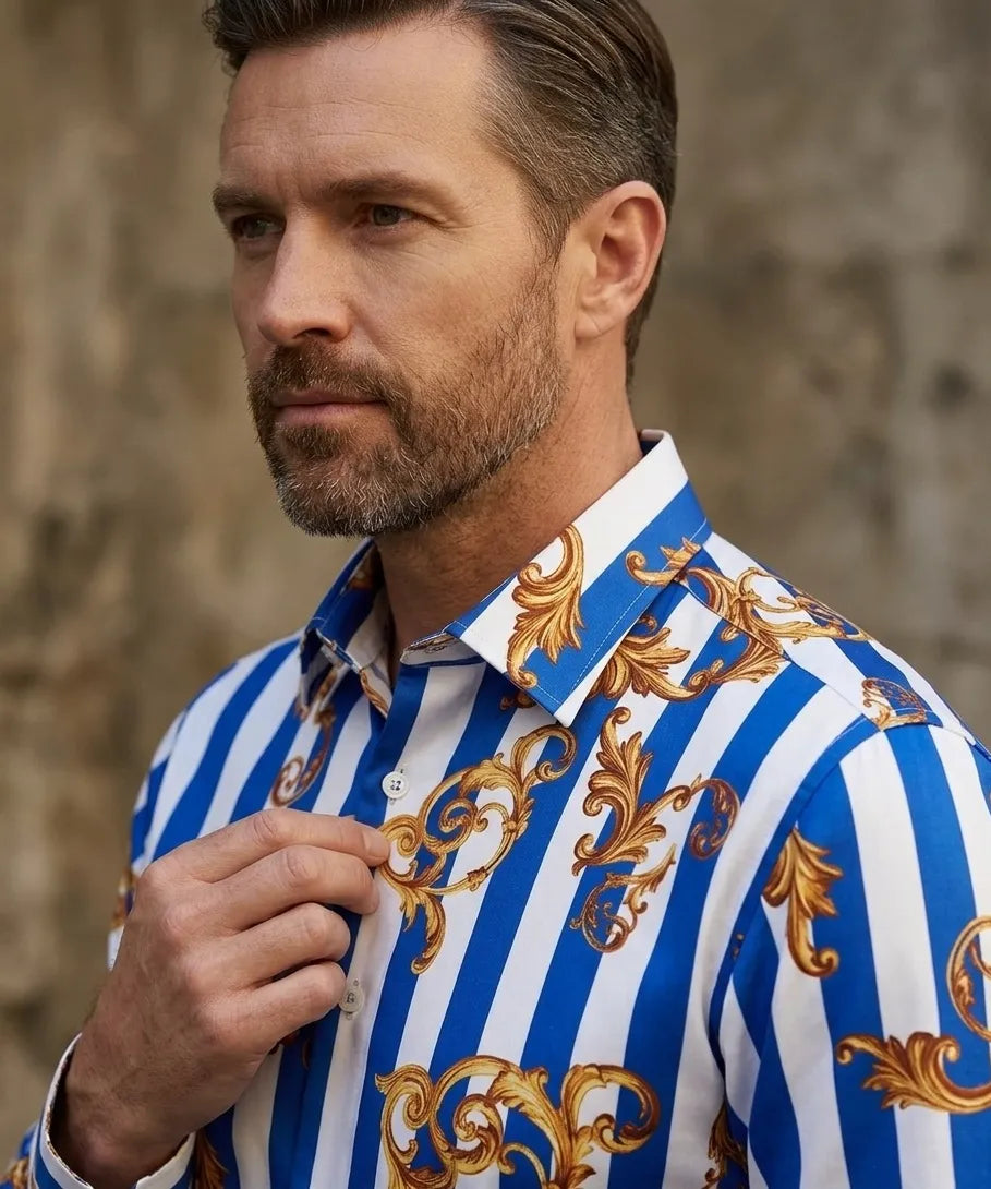 Blue Baroque Stripe Paisley Print Men`s Shirt
