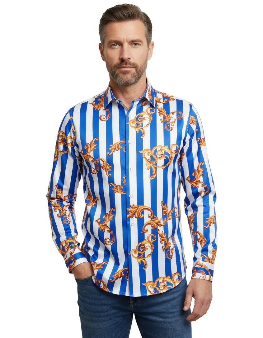 Blue Baroque Stripe Paisley Print Men`s Shirt-Makrom