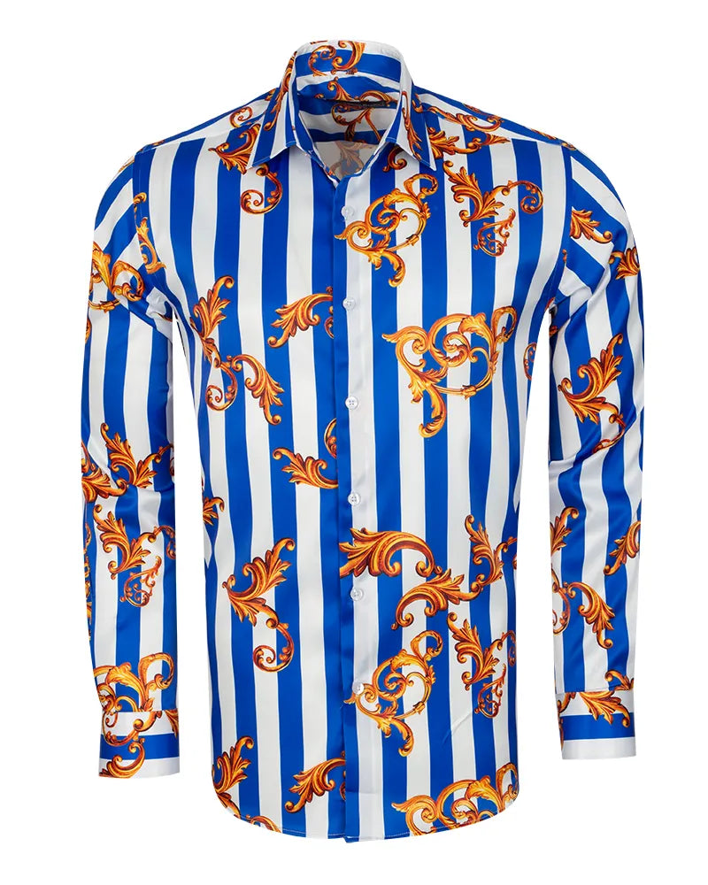 Blue Baroque Stripe Paisley Print Men`s Shirt-Makrom