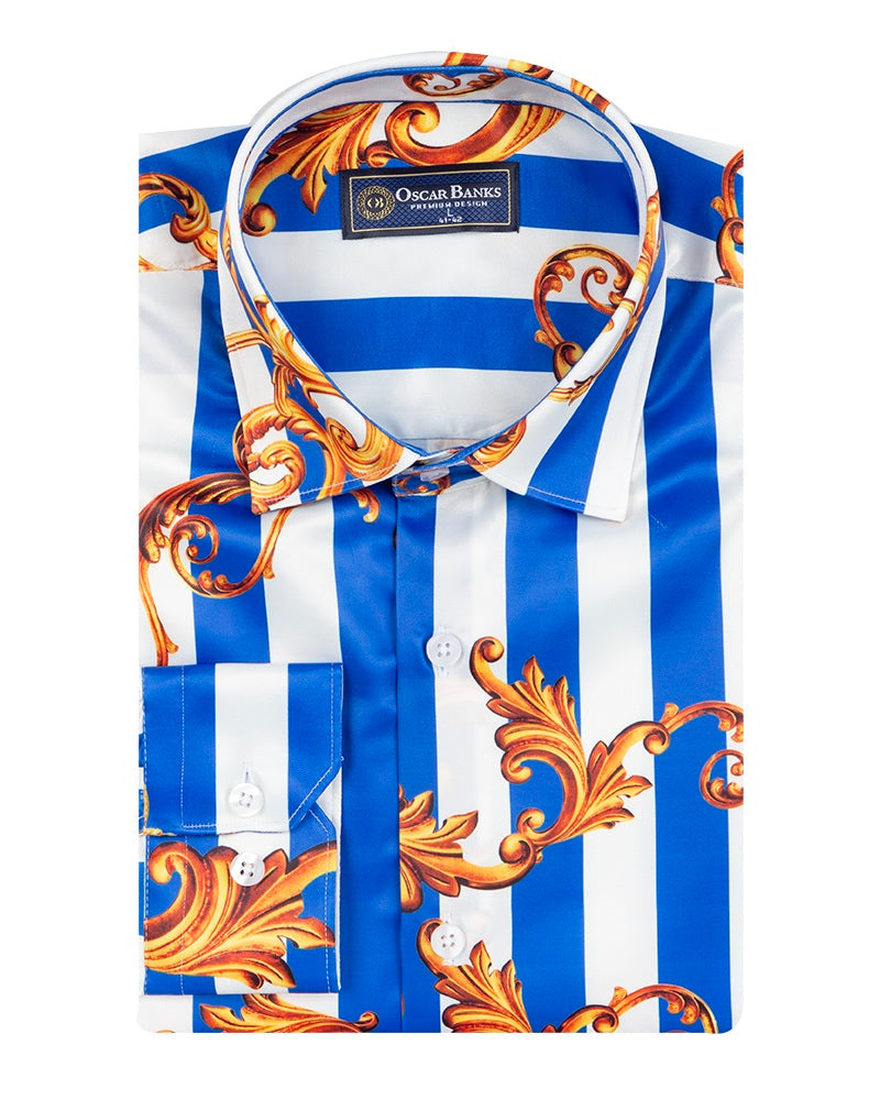 Blue Baroque Stripe Paisley Print Men`s Shirt-Makrom
