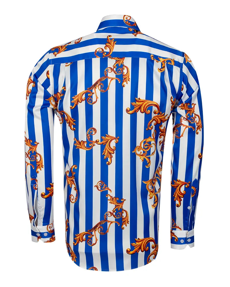 Blue Baroque Stripe Paisley Print Men`s Shirt-Makrom