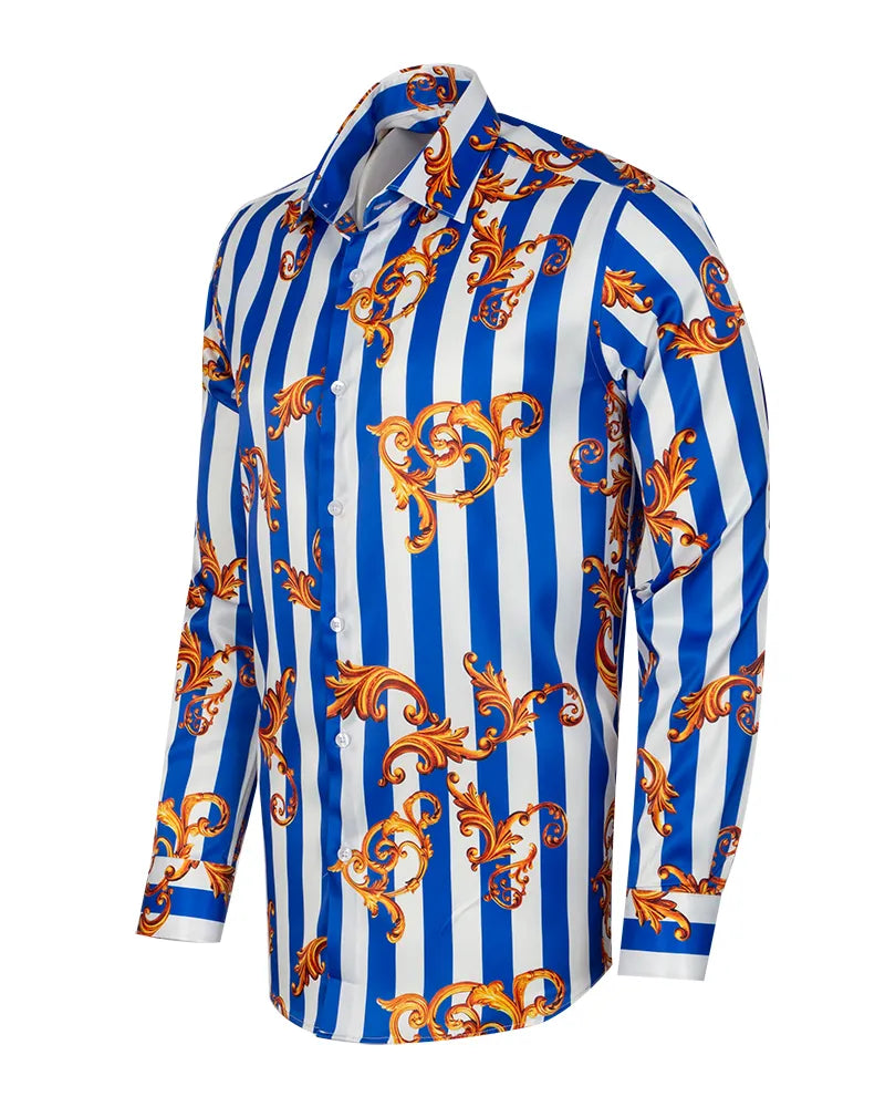 Blue Baroque Stripe Paisley Print Men`s Shirt-Makrom