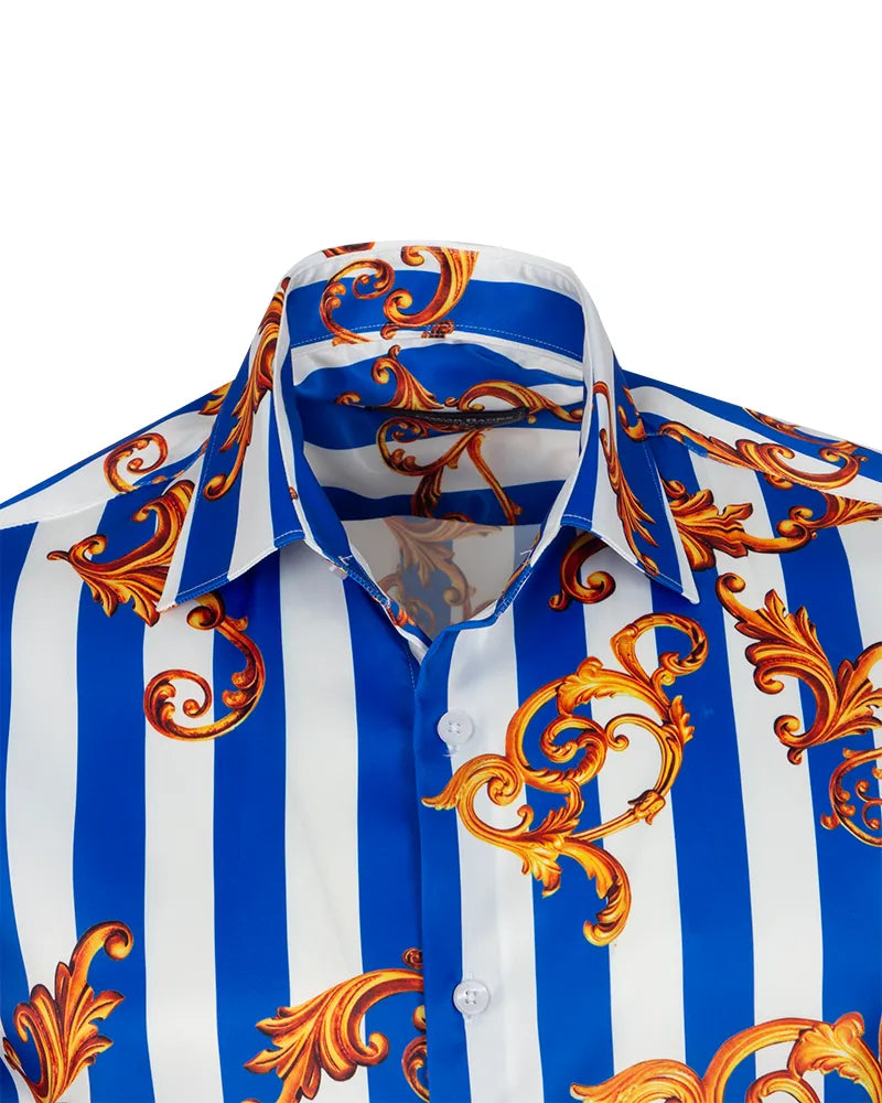 Blue Baroque Stripe Paisley Print Men`s Shirt-Makrom