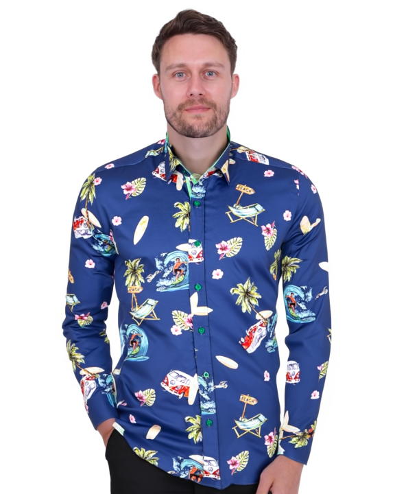 Blue Beach Print Long Sleeve Pure Cotton Shirt-Makrom