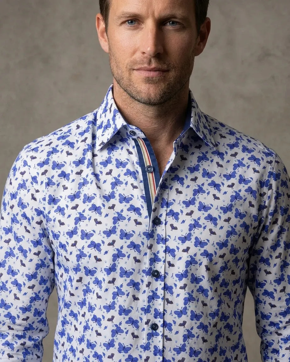 Blue Butterfly Print Shirt with Matching Handkerchief-Makrom
