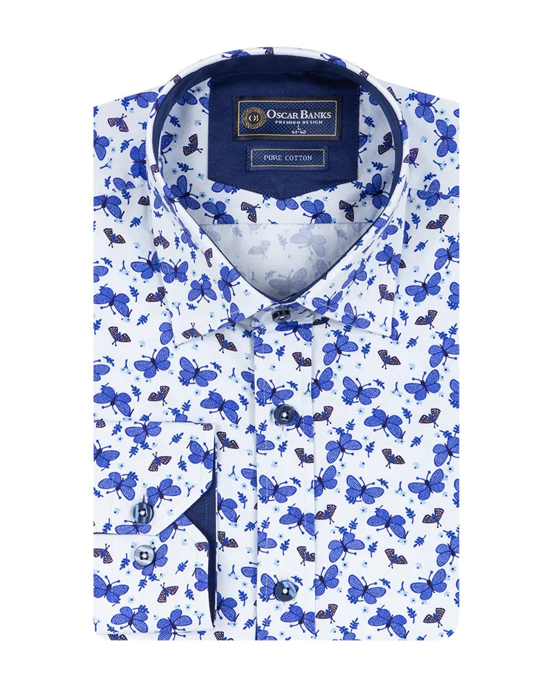 Blue Butterfly Print Shirt with Matching Handkerchief-Makrom