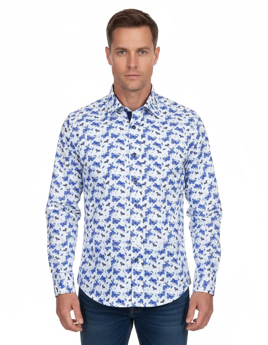 Blue Butterfly Print Shirt with Matching Handkerchief-Makrom