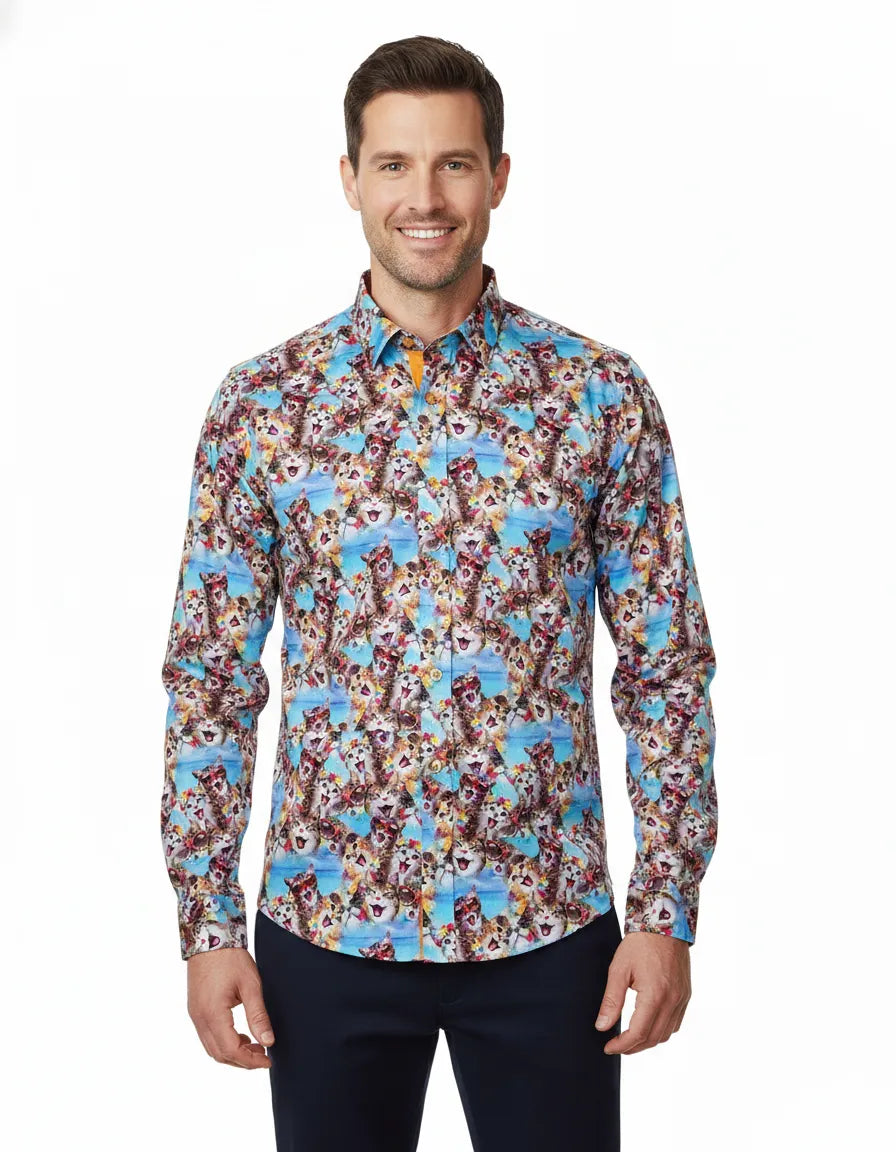 Blue Cat Print Satin Cotton Shirt with Matching Handkerchief-Makrom