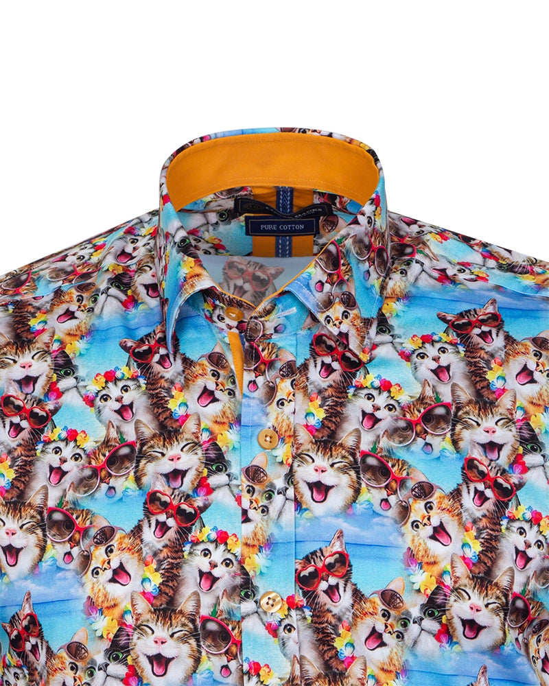Blue Cat Print Satin Cotton Shirt with Matching Handkerchief-Makrom
