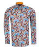 Blue Cat Print Satin Cotton Shirt with Matching Handkerchief-Makrom