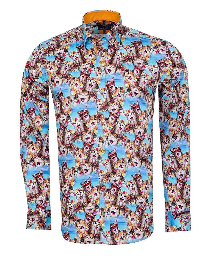 Blue Cat Print Satin Cotton Shirt with Matching Handkerchief-Makrom