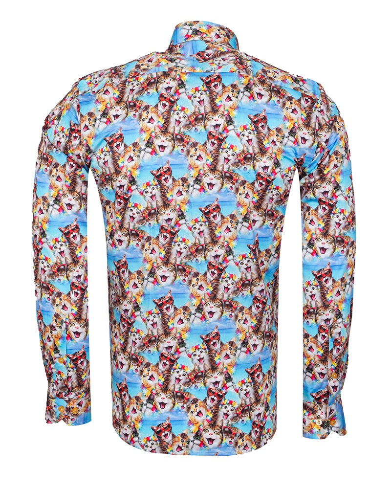 Blue Cat Print Satin Cotton Shirt with Matching Handkerchief-Makrom