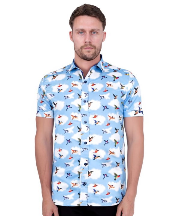 Blue Colourful Hummingbirds Print Short Sleeve Shirt-Makrom