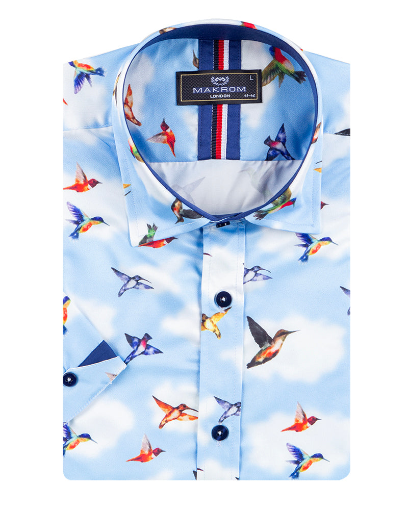 Blue Colourful Hummingbirds Print Short Sleeve Shirt-Makrom