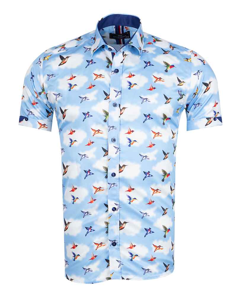 Blue Colourful Hummingbirds Print Short Sleeve Shirt-Makrom