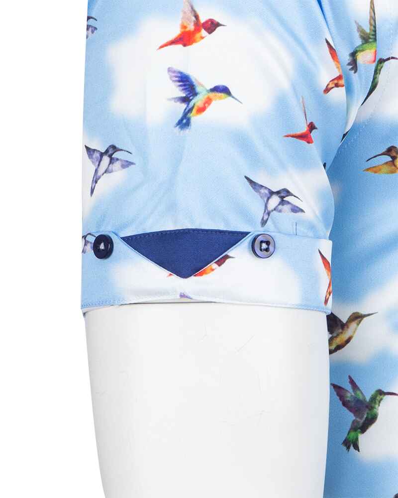 Blue Colourful Hummingbirds Print Short Sleeve Shirt-Makrom