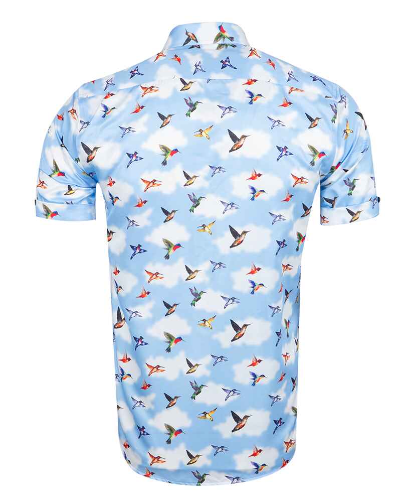 Blue Colourful Hummingbirds Print Short Sleeve Shirt-Makrom