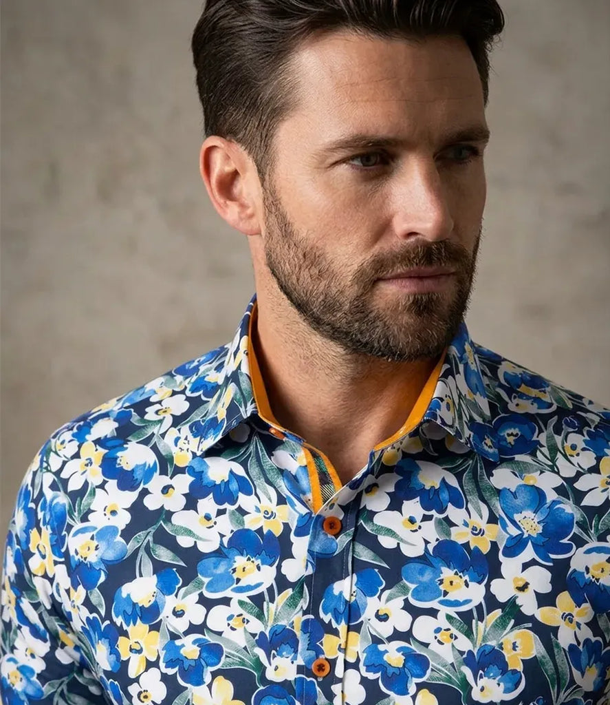 Blue Cosmos Flower Print Shirt with Matching Handkerchief