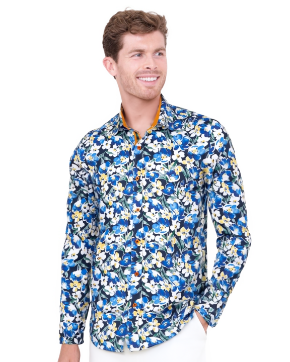 Blue Cosmos Flower Print Shirt with Matching Handkerchief-Makrom