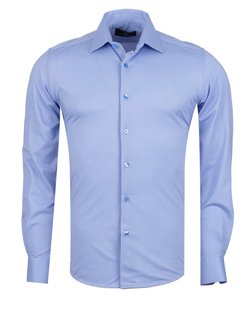 Blue Cotton Plain Muscle fit Stretch Shirt-Makrom