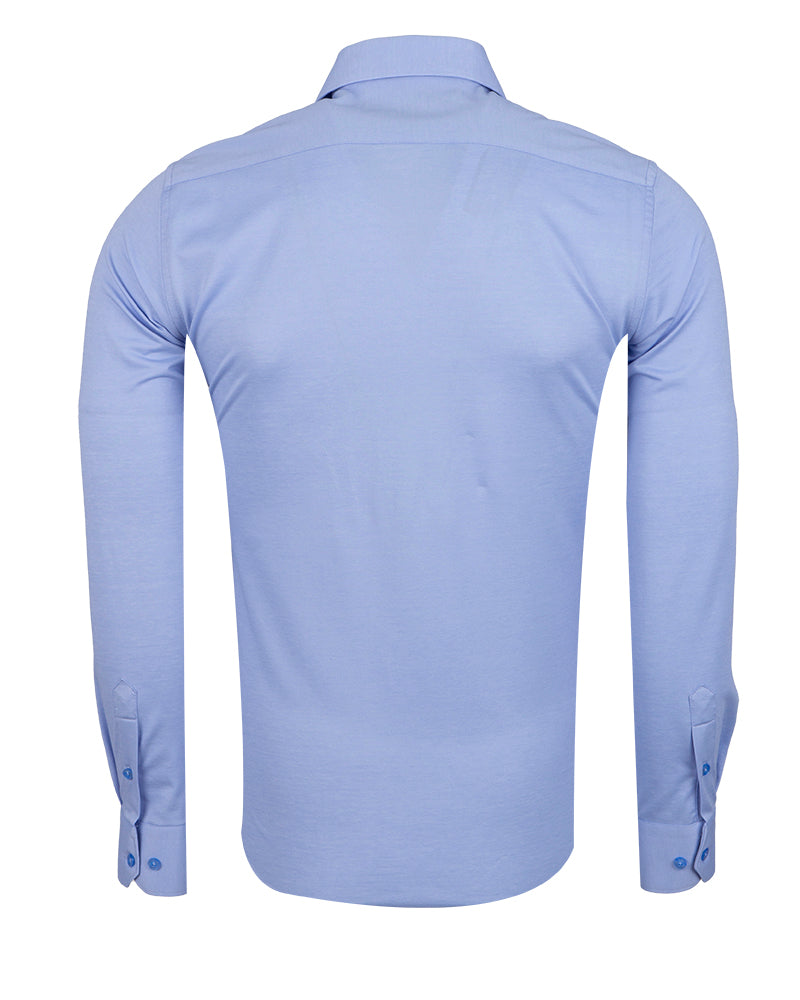 Blue Cotton Plain Muscle fit Stretch Shirt-Makrom