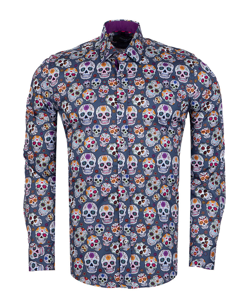 Blue Day of The Dead Skull Print Shirt with Matching Handkerchief-Makrom