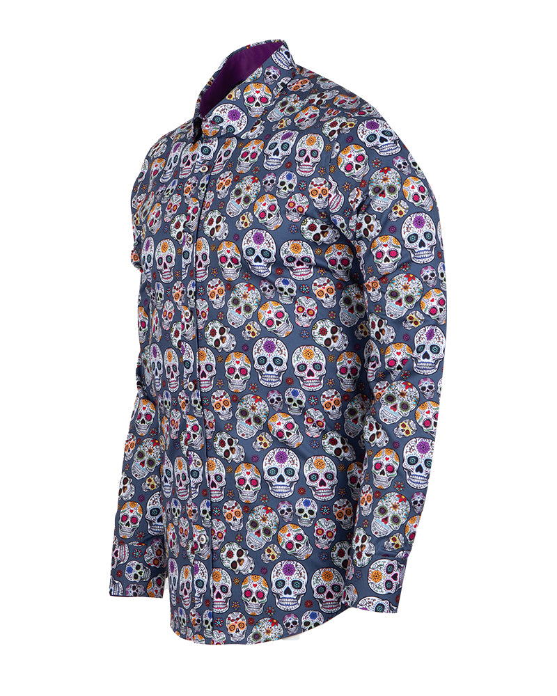 Blue Day of The Dead Skull Print Shirt with Matching Handkerchief-Makrom