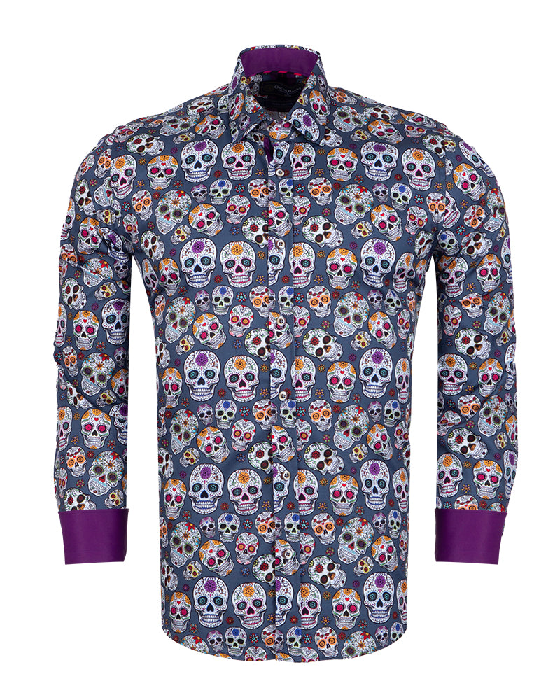 Blue Day of The Dead Skull Print Shirt with Matching Handkerchief-Makrom