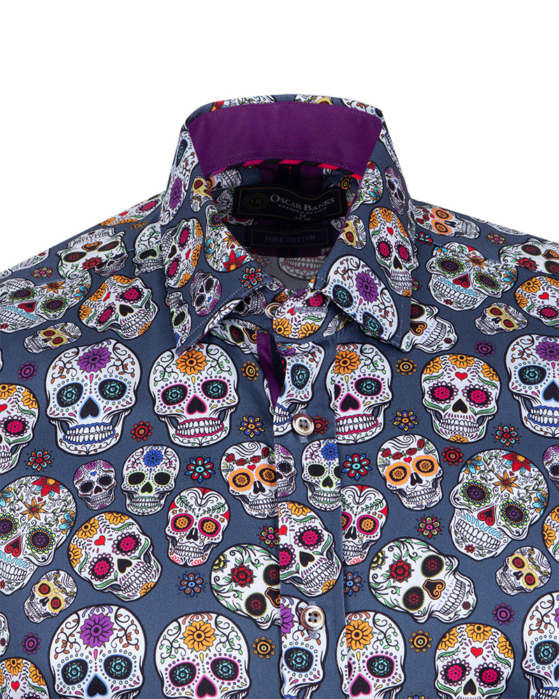 Blue Day of The Dead Skull Print Shirt with Matching Handkerchief-Makrom