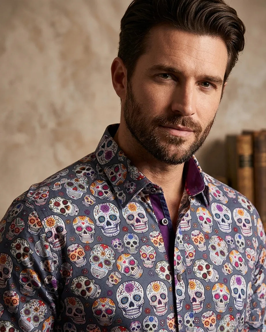 Blue Day of The Dead Skull Print Shirt with Matching Handkerchief