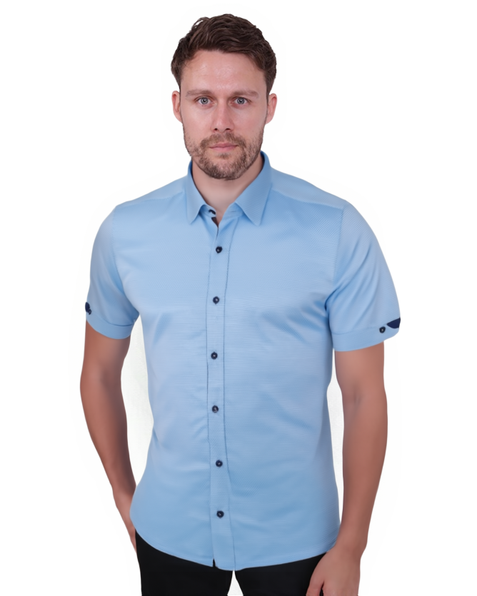 Blue Dot Print Satin Cotton Short Sleeve Shirt-Makrom