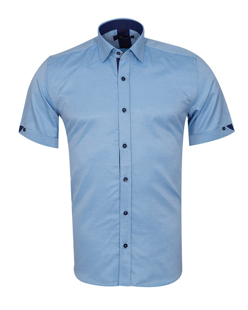 Blue Dot Print Satin Cotton Short Sleeve Shirt-Makrom