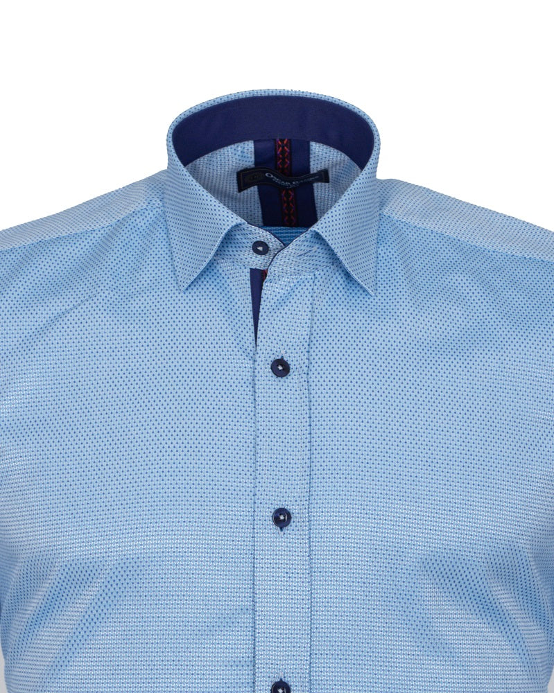 Blue Dot Print Satin Cotton Short Sleeve Shirt-Makrom