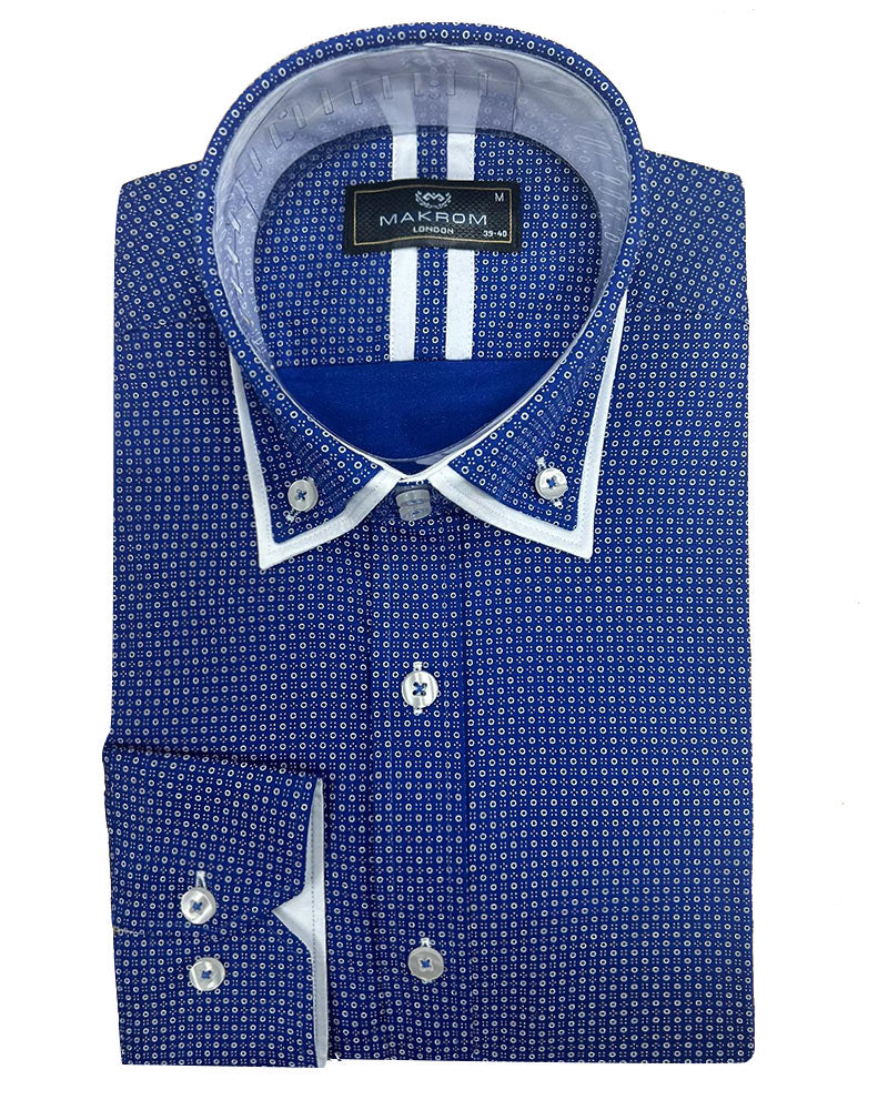 Blue Double Collar Mini Polka Dot Men's Shirt-Makrom