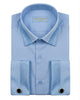 A light blue dress shirt by Pierre Fabregas, neatly folded to show the collar, front buttons, and two-buttoned cuffs with matching fabric cufflinks on a white background.