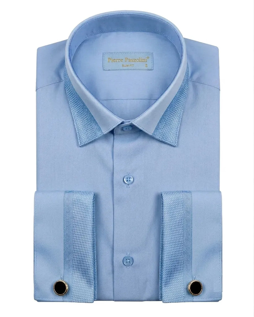 A light blue dress shirt by Pierre Fabregas, neatly folded to show the collar, front buttons, and two-buttoned cuffs with matching fabric cufflinks on a white background.