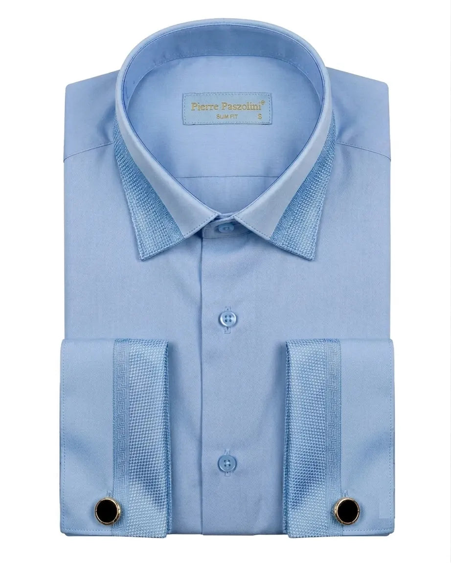 A light blue dress shirt by Pierre Fabregas, neatly folded to show the collar, front buttons, and two-buttoned cuffs with matching fabric cufflinks on a white background.