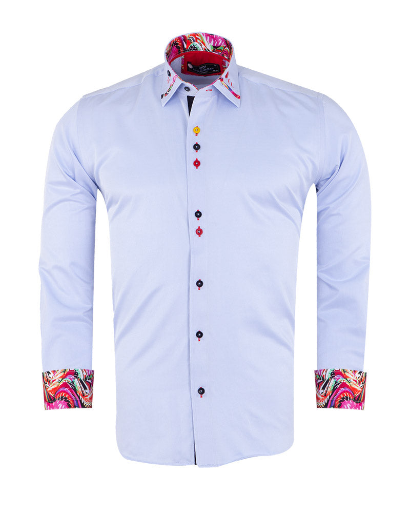 Blue Fashion Shirt with Colourful Collar Tip Design-Makrom
