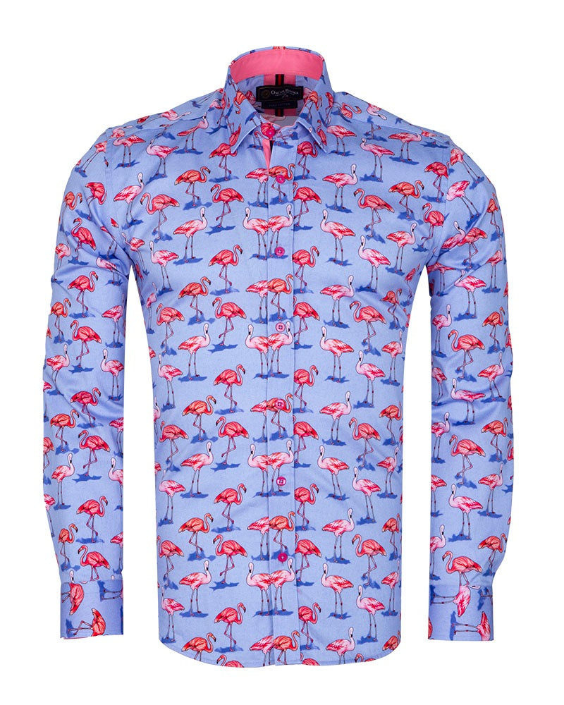 Blue Flamingo Print Men's Shirt with Matching Handkerchief-Makrom