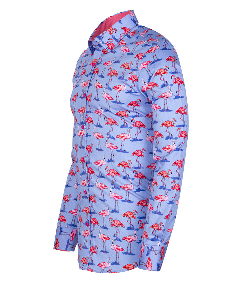 Blue Flamingo Print Men's Shirt with Matching Handkerchief-Makrom