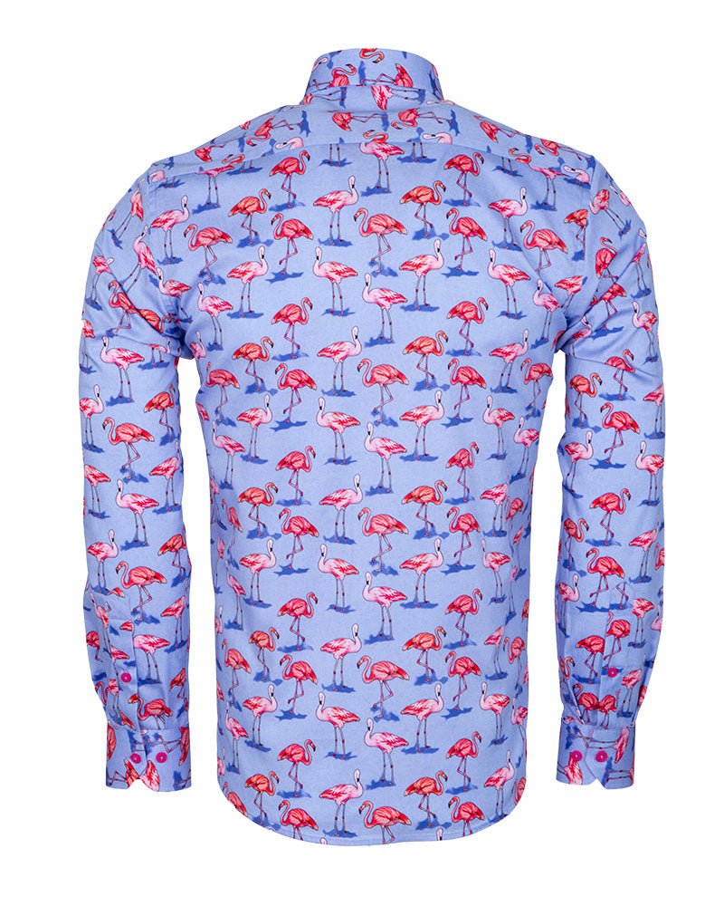 Blue Flamingo Print Men's Shirt with Matching Handkerchief-Makrom