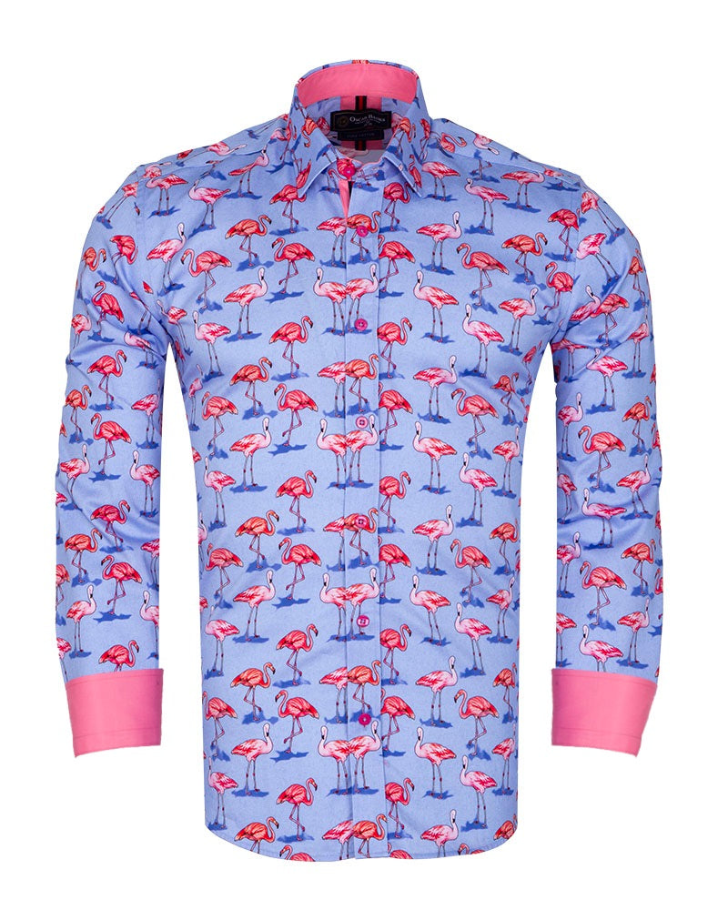 Blue Flamingo Print Men's Shirt with Matching Handkerchief-Makrom
