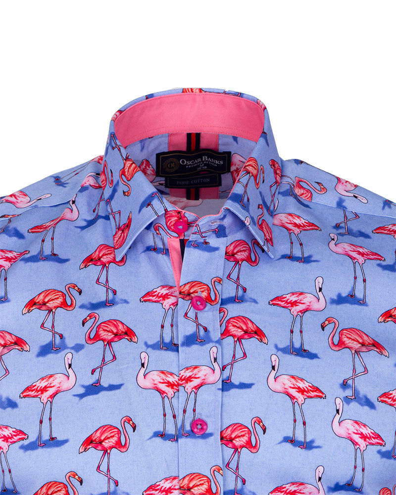 Blue Flamingo Print Men's Shirt with Matching Handkerchief-Makrom